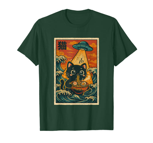 Japanese Anime Vintage Ramen Ukiyo-e UFO Kawaii Funny Cat T-Shirt