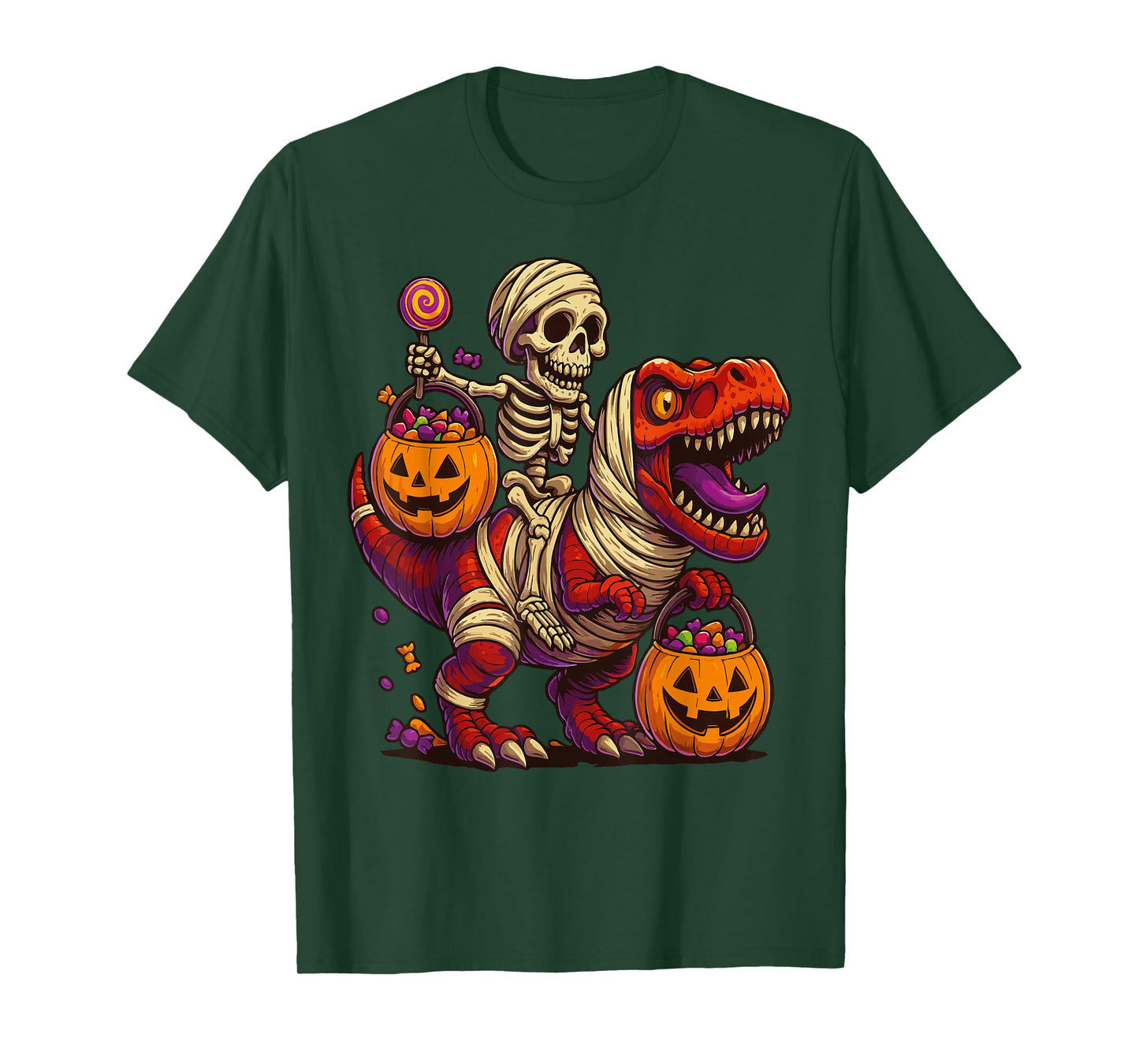 Skeleton Riding Mummy Dinosaur T rex Halloween Funny Pumpkin T-Shirt