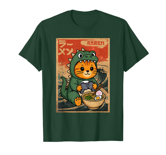 Cute Kawaii Gamer Cat Funny Ramen Japanese Kaiju Cat Gaming T-Shirt