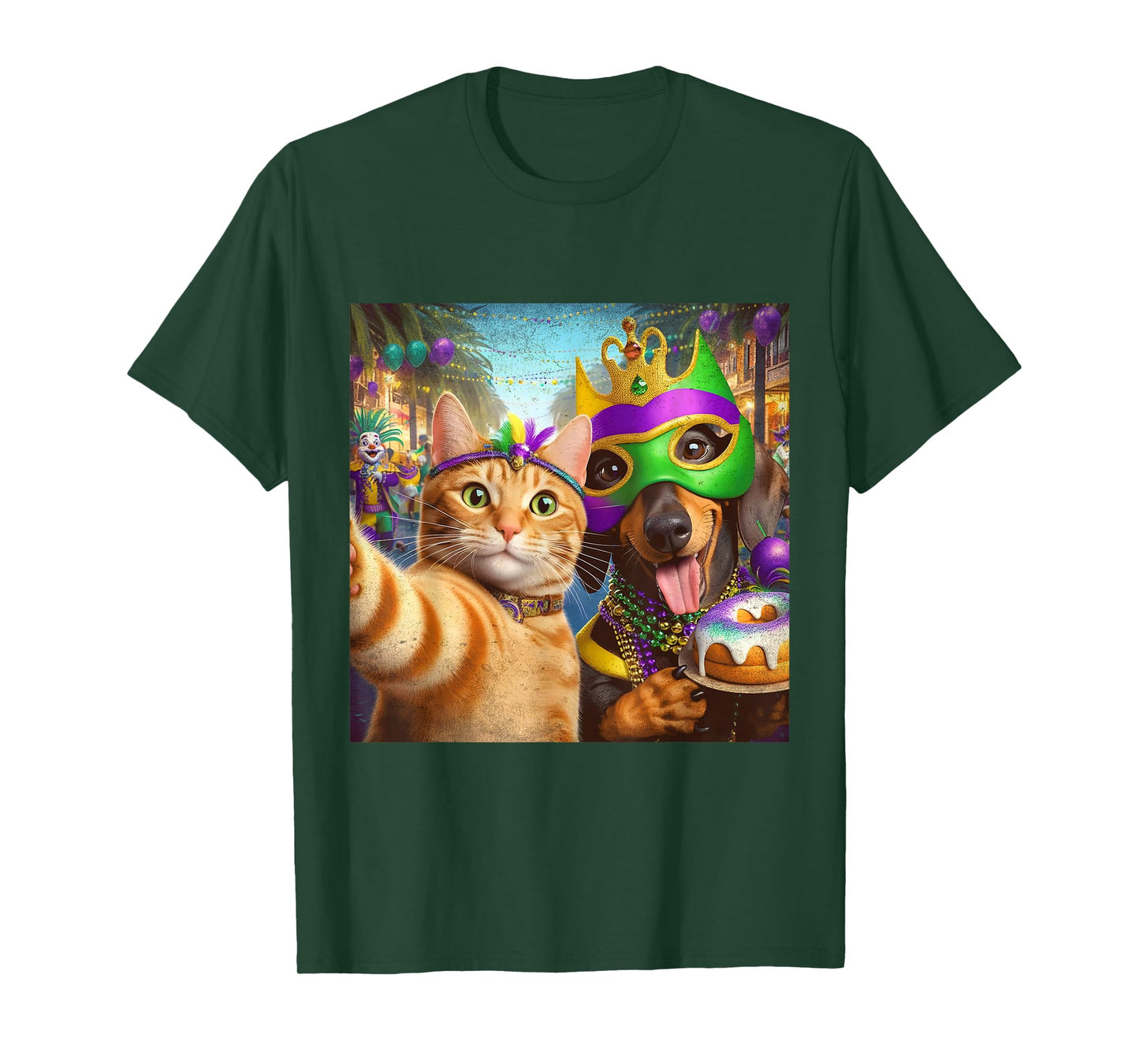 Funny Mardi Gras Cat Dachshund Selfie Squad T-Shirt