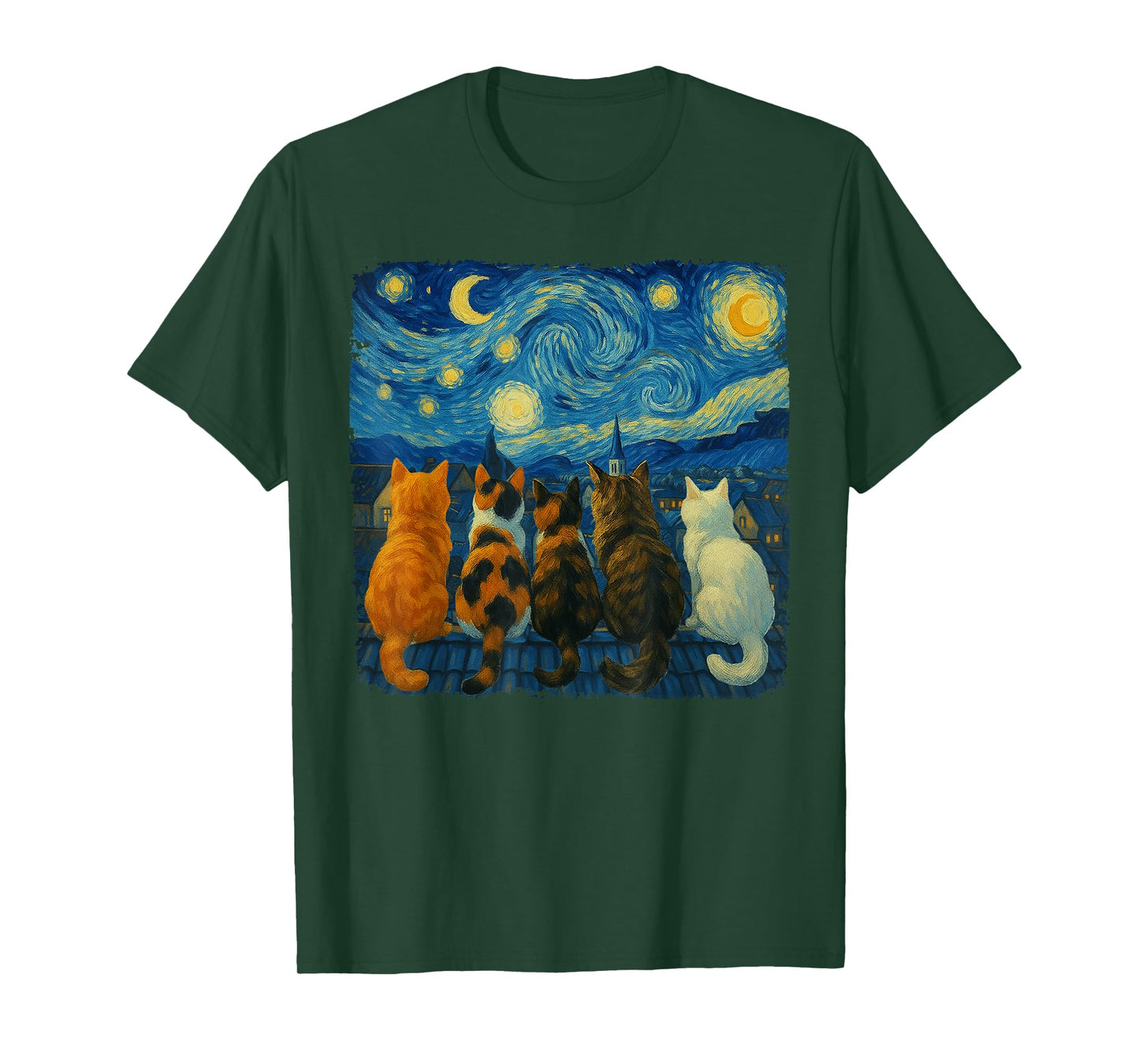 Funny Cat Starry Night Van Gogh Cats Rooftop Scene T-Shirt