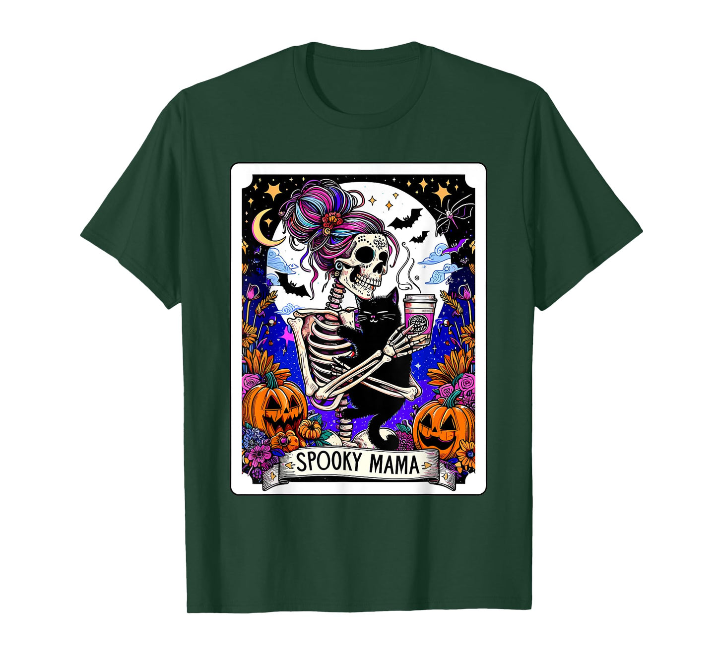 Spooky Mama Tarot Card Halloween Mom Skull Mama Black Cat T-Shirt for Men Women Kids