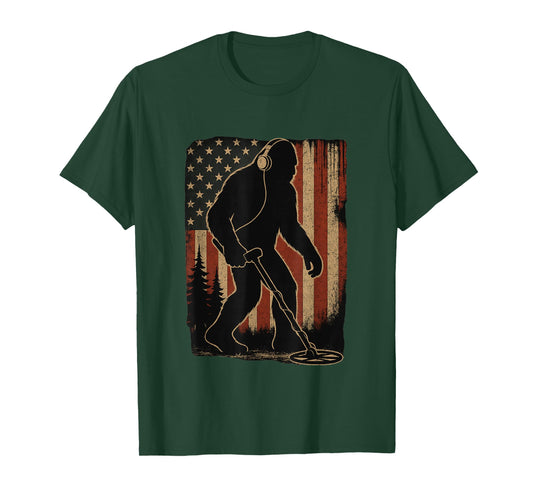 Bigfoot Dirt Fishing Metal Detecting American Flag Patriotic T-Shirt