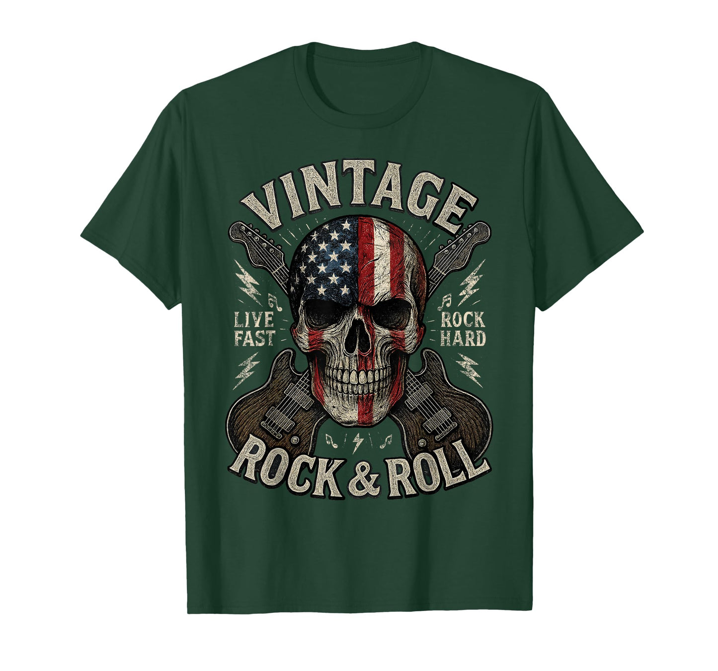 Vintage Rock Skull American Flag Guitar Retro Rock and Roll T-Shirt