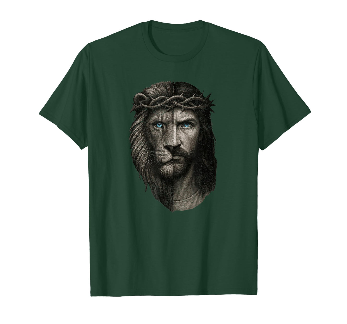Lion and Jesus Half Face Crown of Thorns Blue Eyes Art T-Shirt