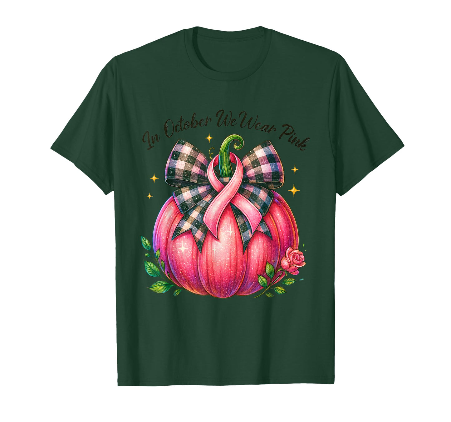 Bow Tie Pumpkin in October We Wear Pink Ribbon Breast Cancer T-Shirt