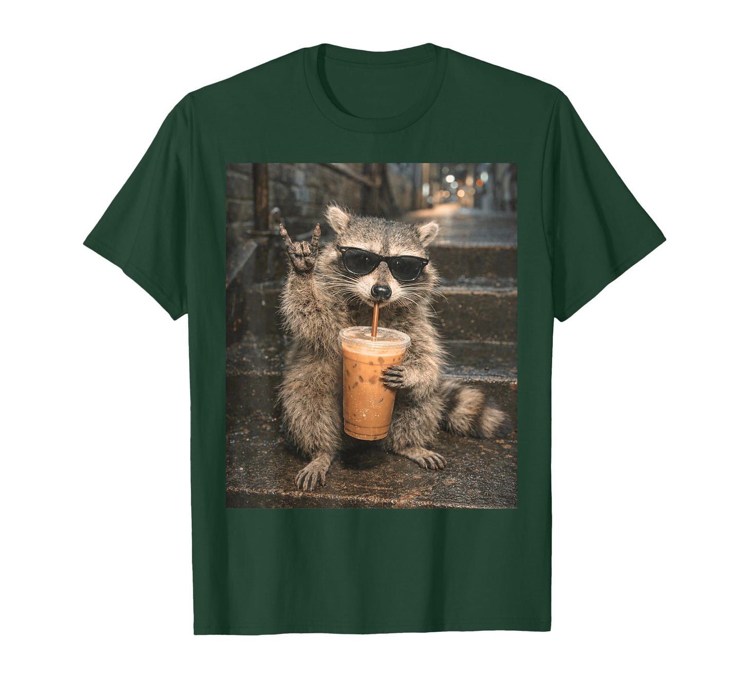 Raccoon Drinking Iced Coffee Meme Funny Animal for Men Women T-Shirt