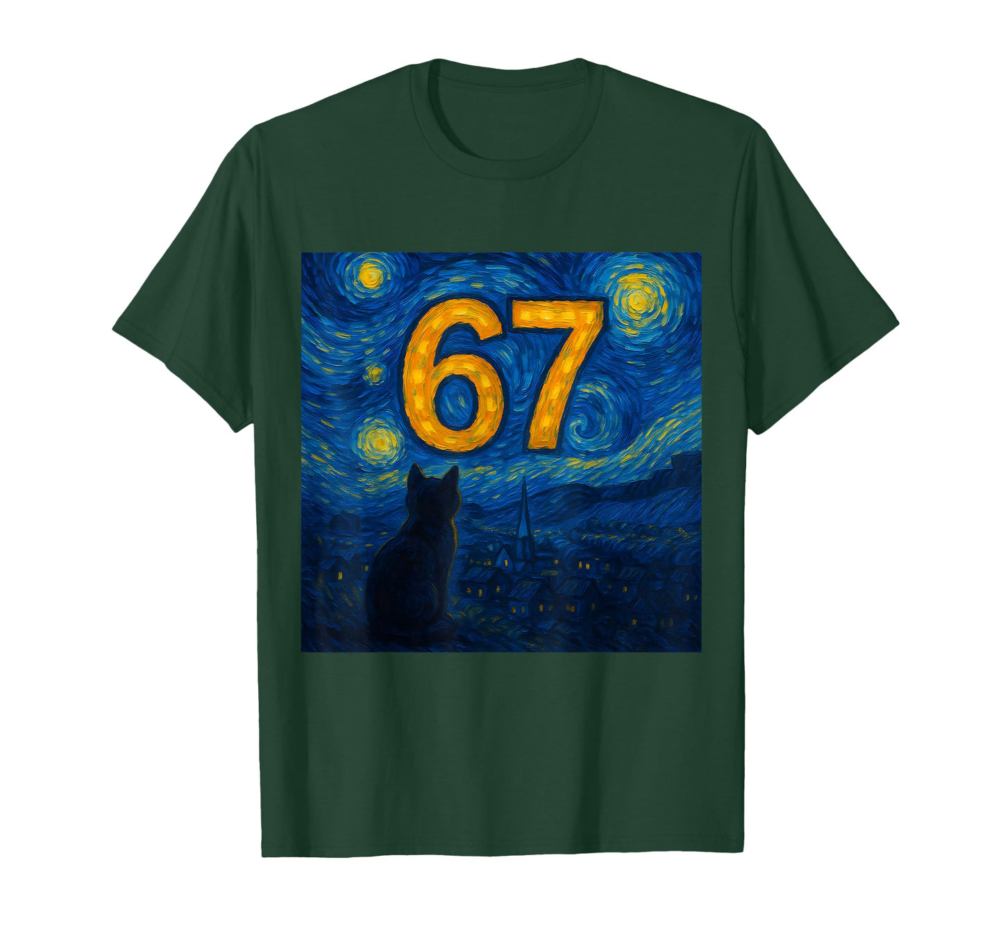 67 Meme Six Seven Cat Starry Funny Night Van Gogh Cat Lover T-Shirt