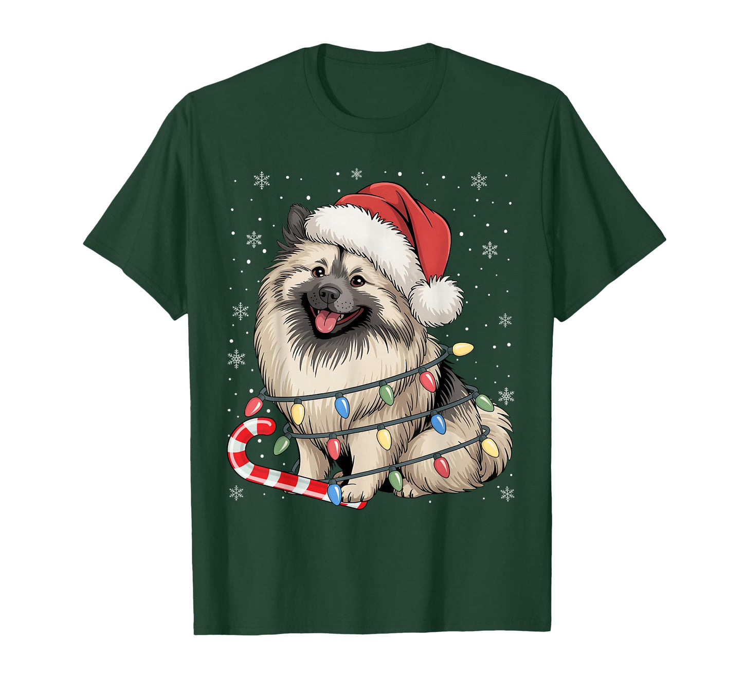 Keeshond Dog Ugly Christmas Candy Cane Tree Lights Xmas T-Shirt