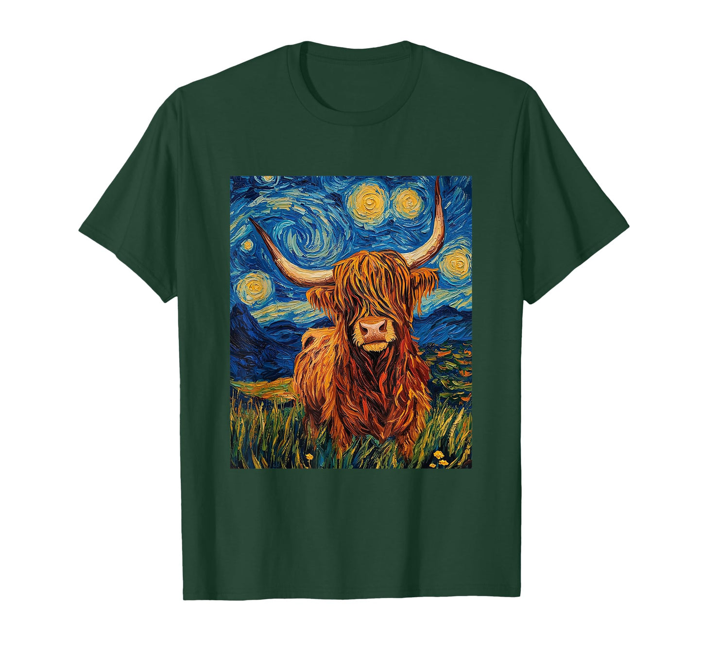 Funny Highland Cow Graphic - Van Gogh Style - Starry Night T-Shirt
