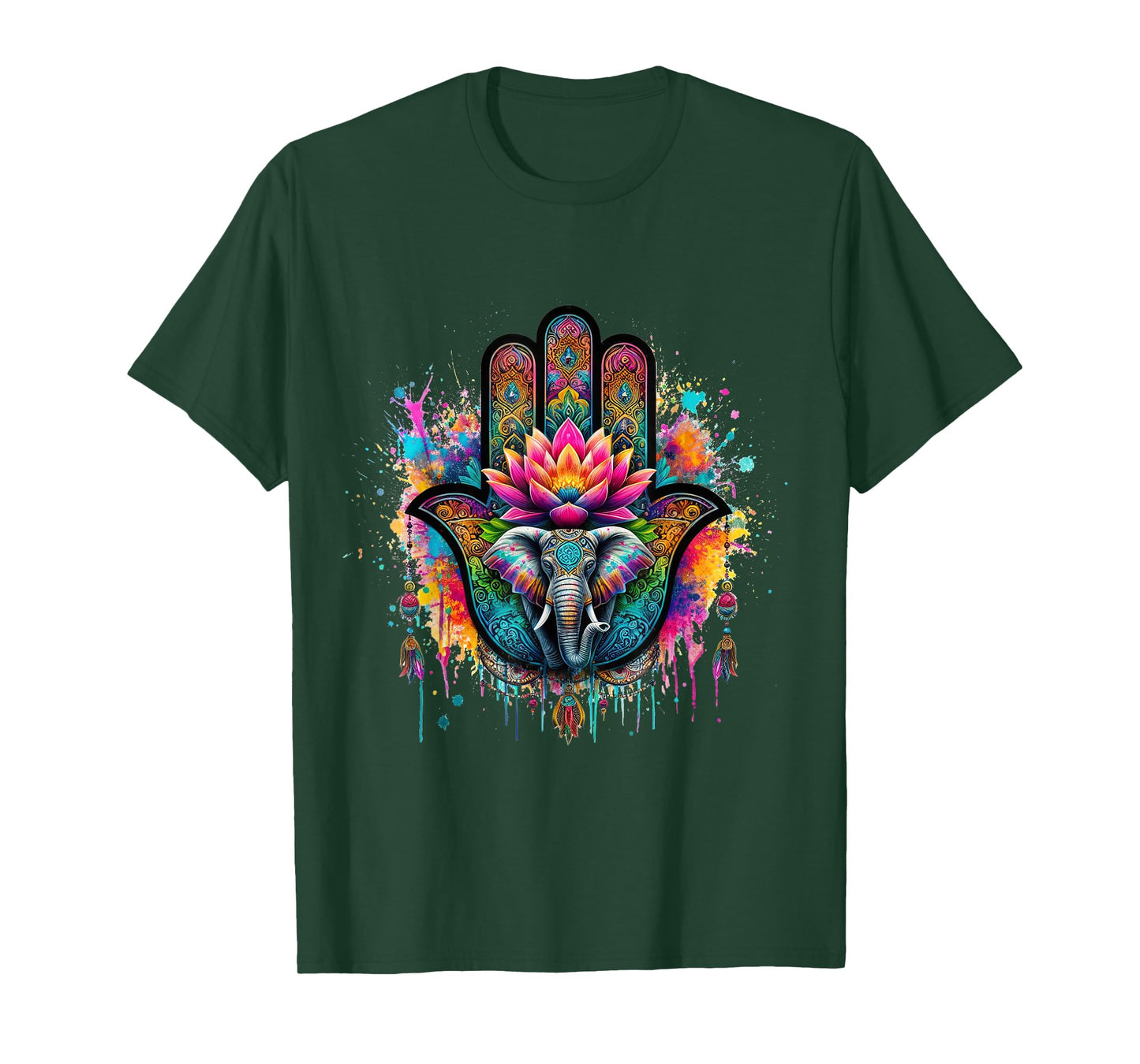 Beautiful Hamsa Hand Colorful Art with Elephant and Lotus T-Shirt