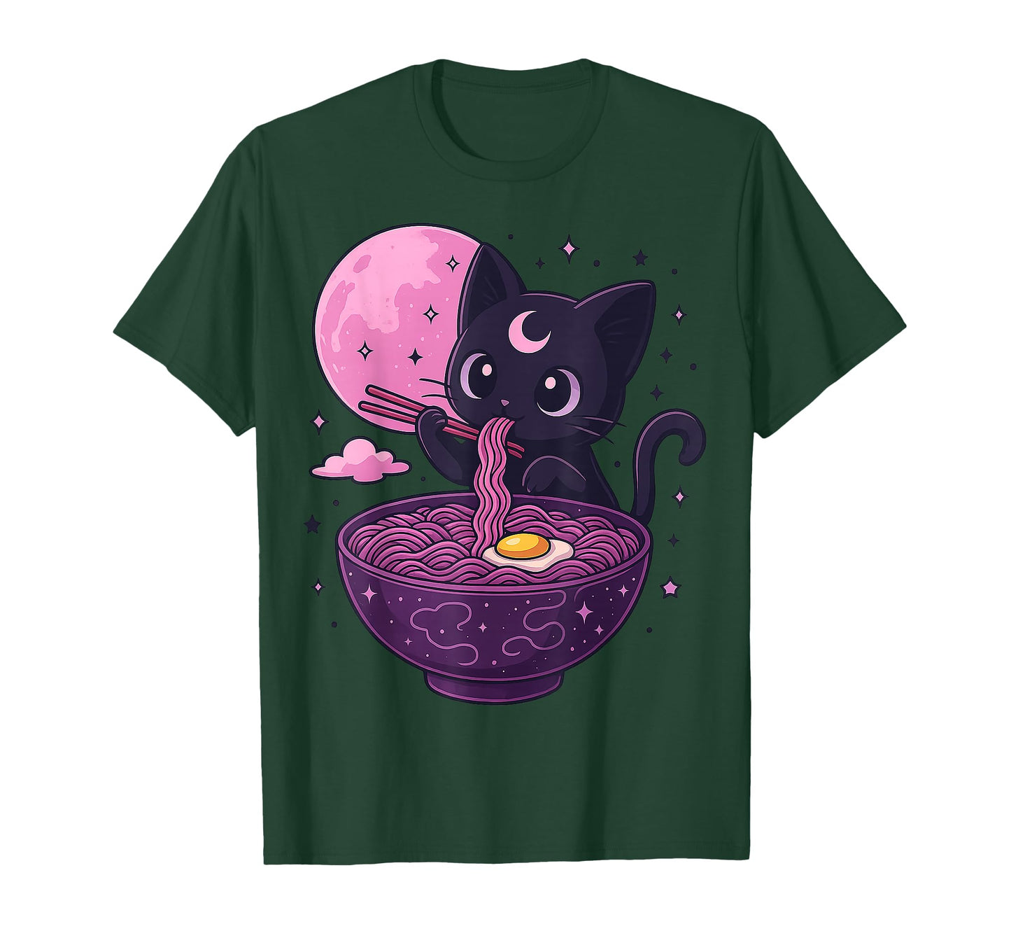 Kawaii Pastel Goth Cat Eating Ramen Under Moon Japanese T-Shirt