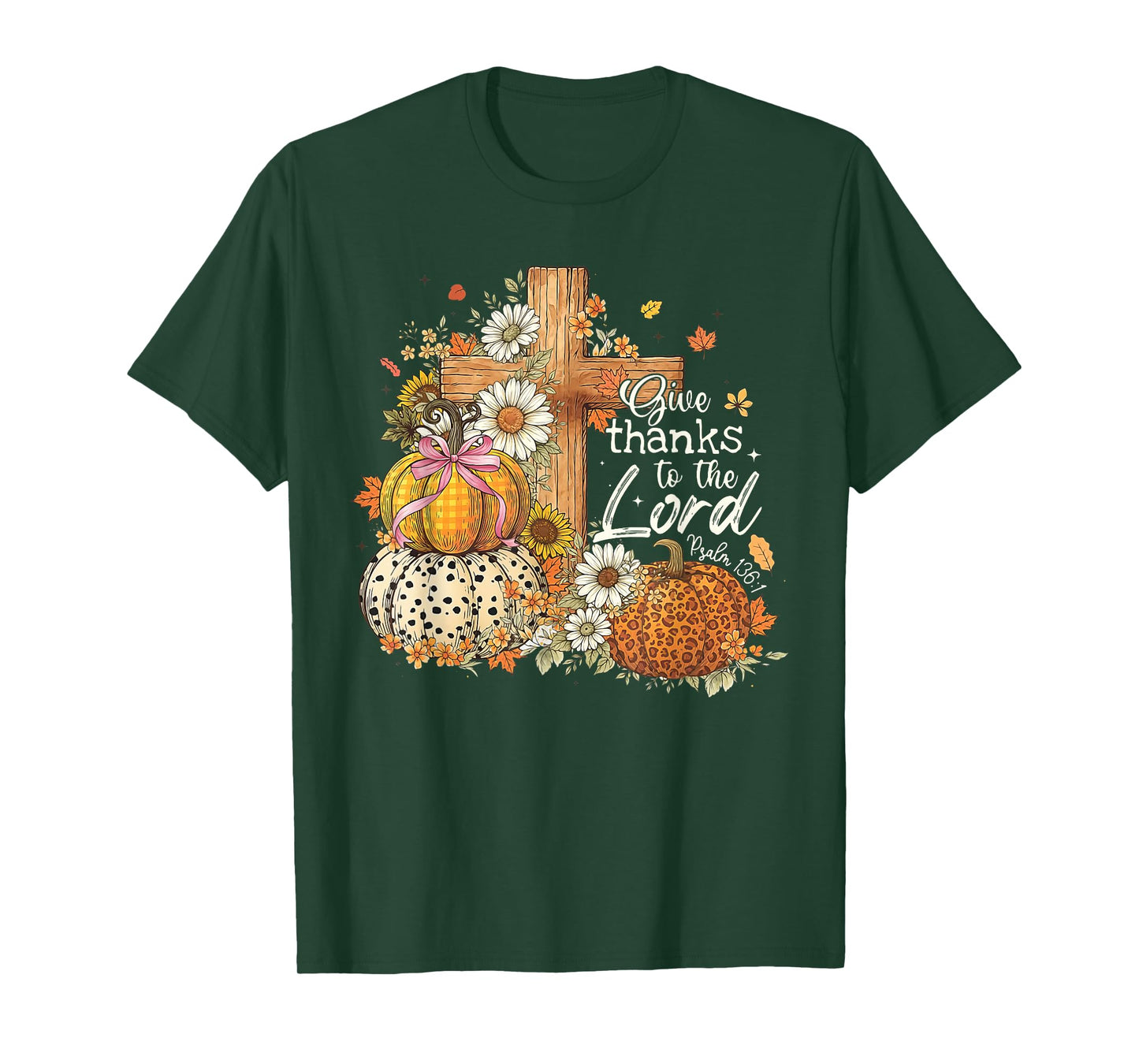 Give Thanks to The Lord Cross Pumpkin Bow Autumn Fall Flower T-Shirt