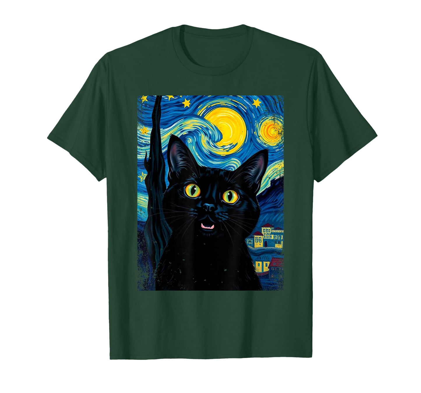 Black Cat Swirling Night Colorful Sky Starry Art Van Gogh T-Shirt