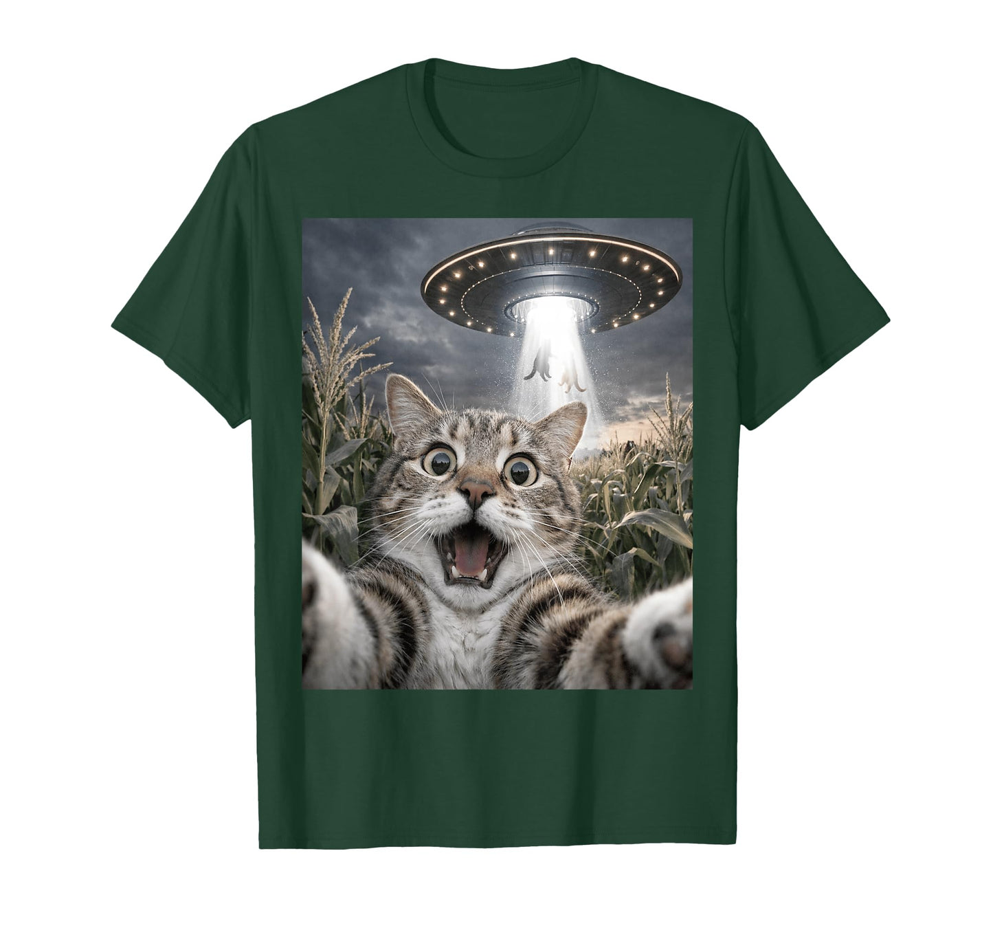 Funny Cat Selfie UFO Alien Animal Meme for Men Women Kids T-Shirt