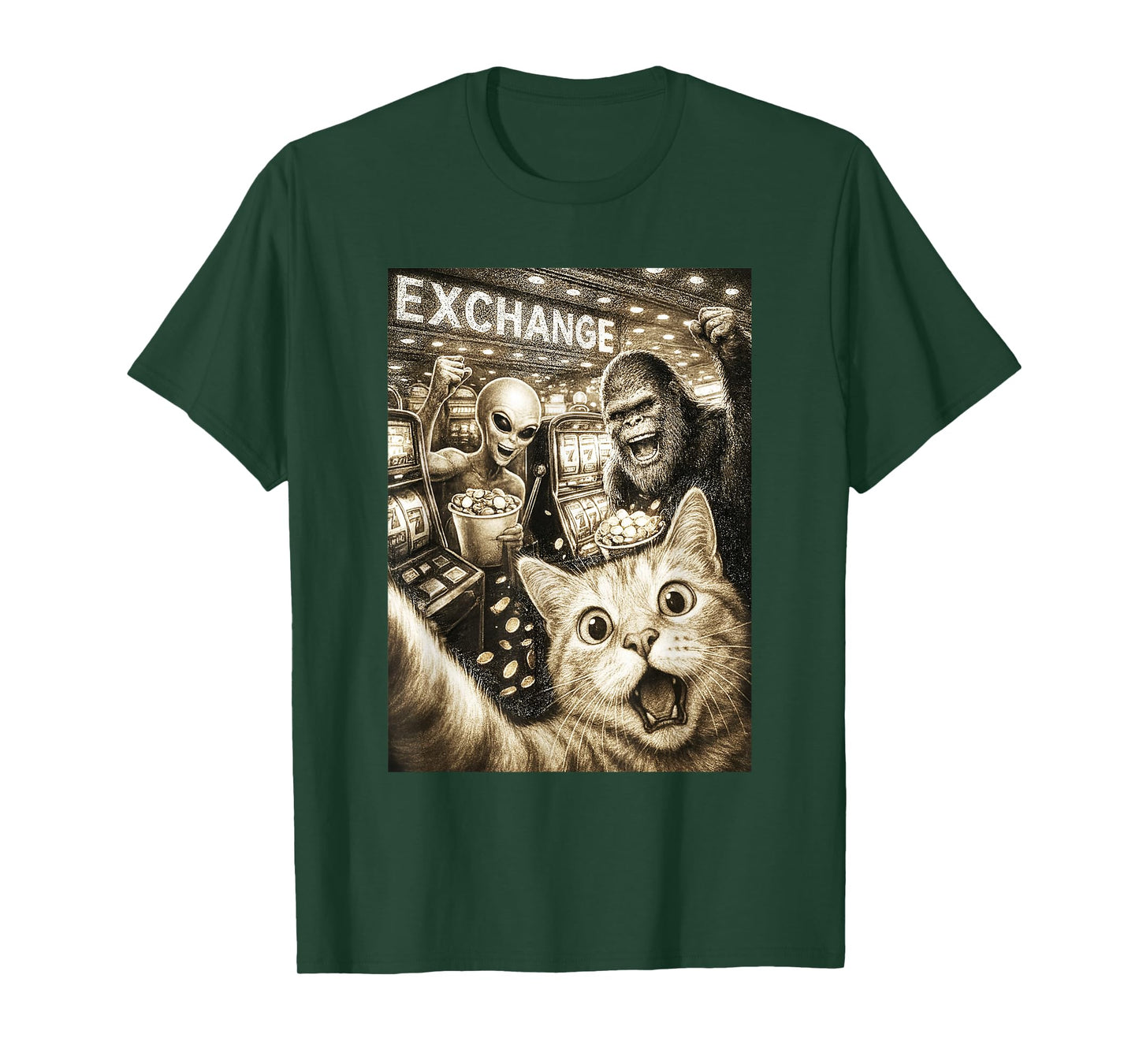 Cat Alien Bigfoot Casino Slot Machine Selfie Funny Gambling T-Shirt