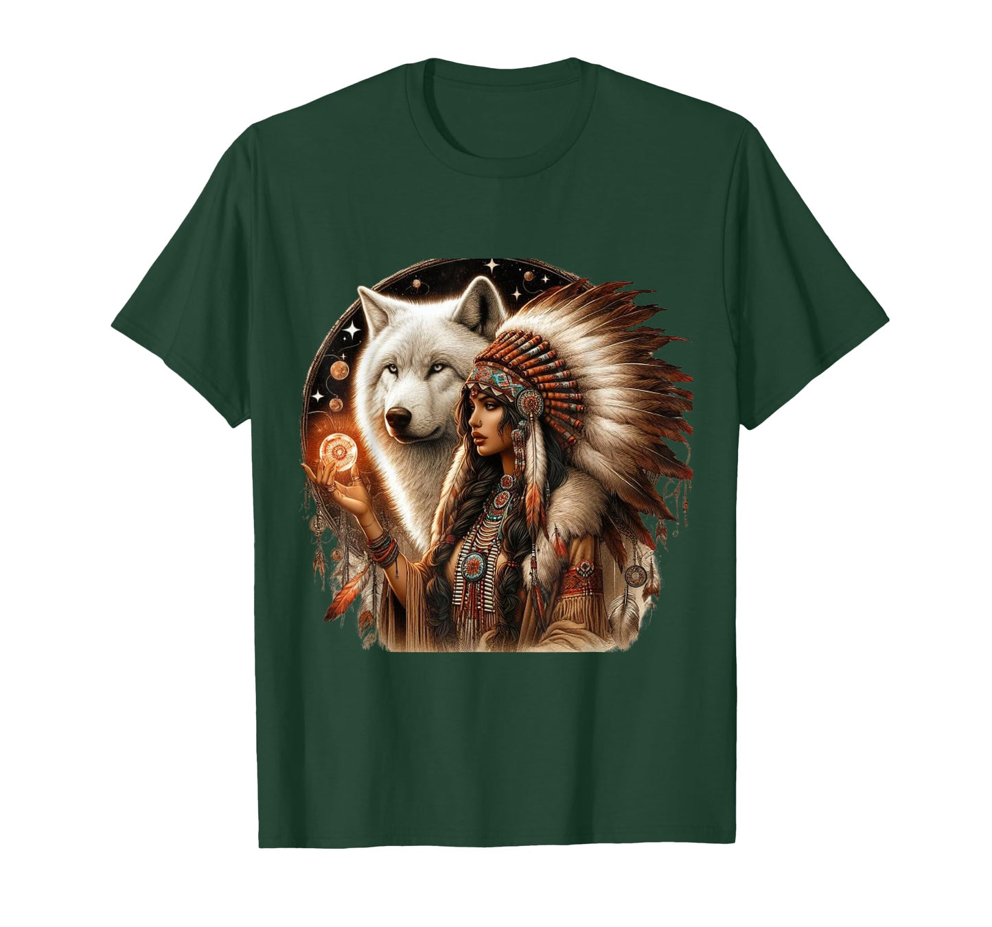 Indian Native American Woman With White Wolf Vitage Gifts T-Shirt