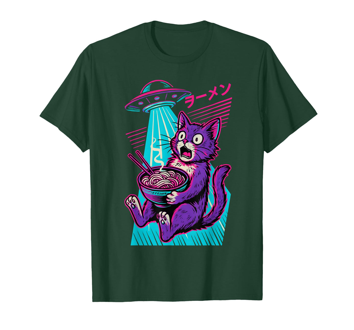 Cat Eating Ramen UFO Anime Japanese Men Women Teens Kids T-Shirt