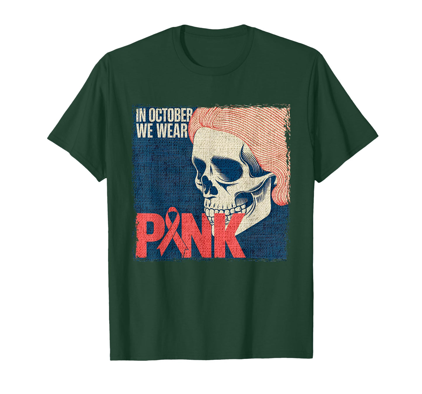 in October We Wear Pink Breast Cancer Awareness Month Skull T-Shirt