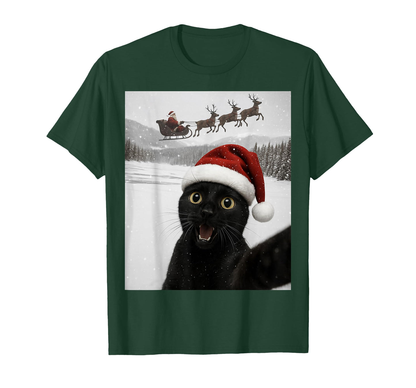 Cat Selfie with Santa Funny Black Cat Christmas Mens Womens T-Shirt