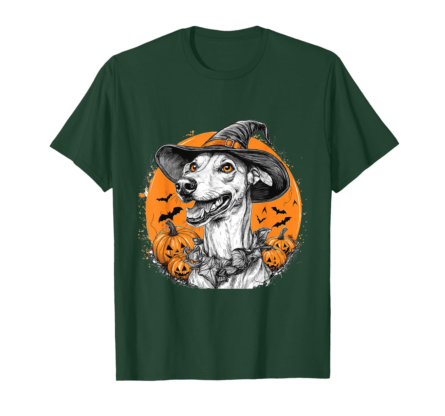 Greyhound Dog Whitch Hat Halloween Pumpkin Spooky Happy T-Shirt