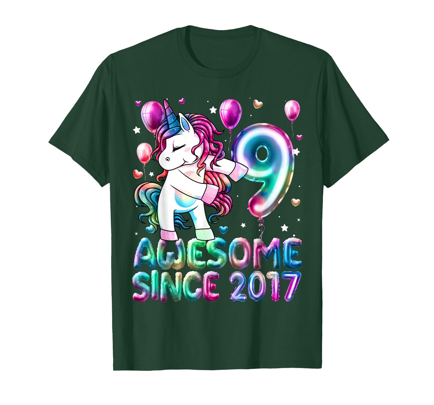 9 Year Old Girl Awesome Since 2017 Unicorn 9th Birthday Girl T-Shirt