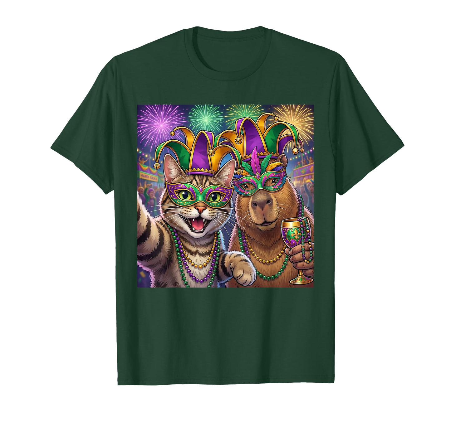 Funny Cat Capybara Selfie Mardi Gras Carnival Party Art T-Shirt