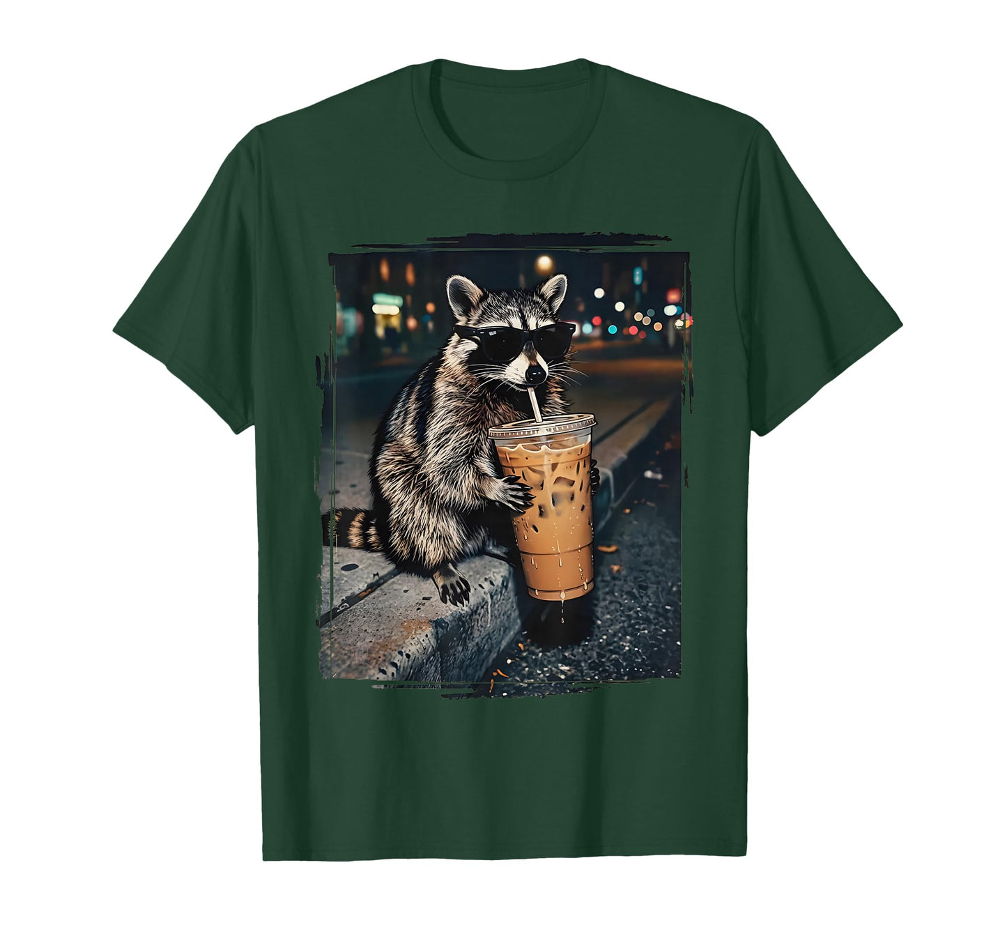 Feral for Iced Coffee Funny Cool Raccoon Drinking Sunglasses T-Shirt