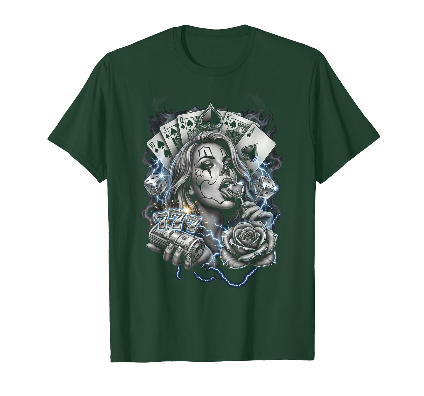 Chicano Payasa Girl Royal Flush Poker Money Tattoo Art T-Shirt