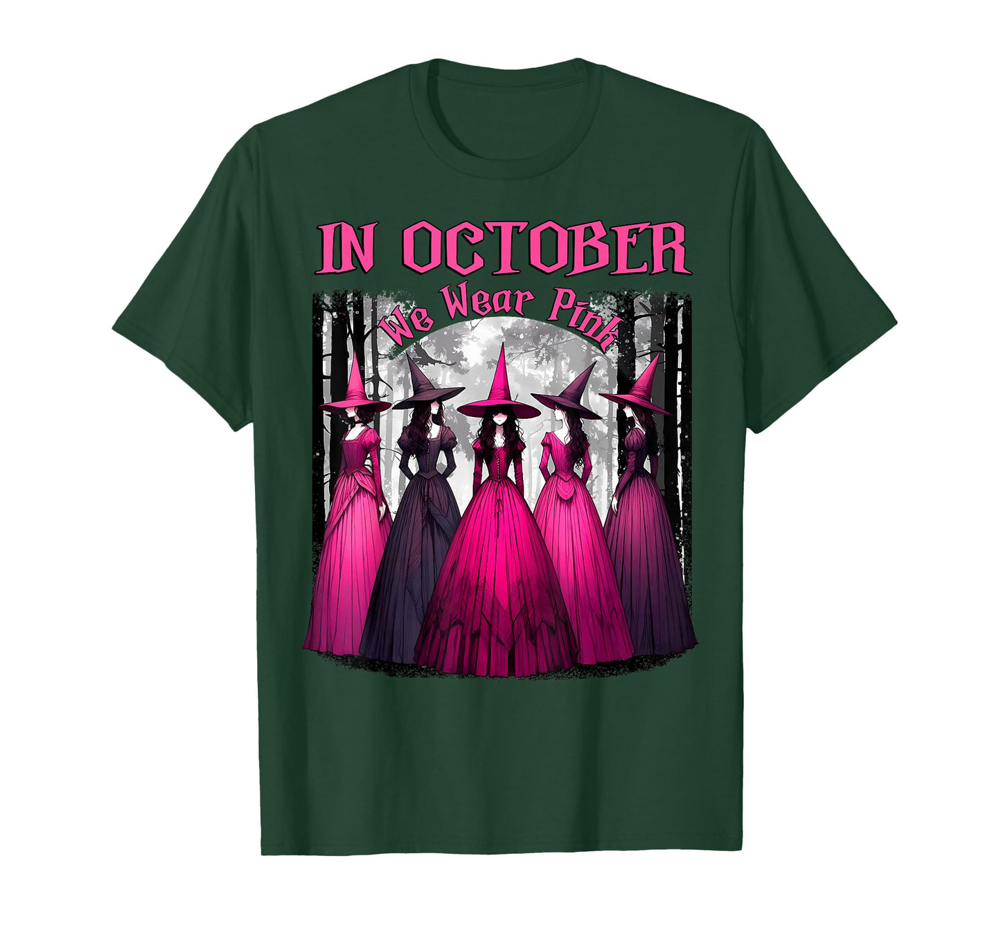 in October We Wear Pink Spooky Witch Halloween Breast Cancer T-Shirt