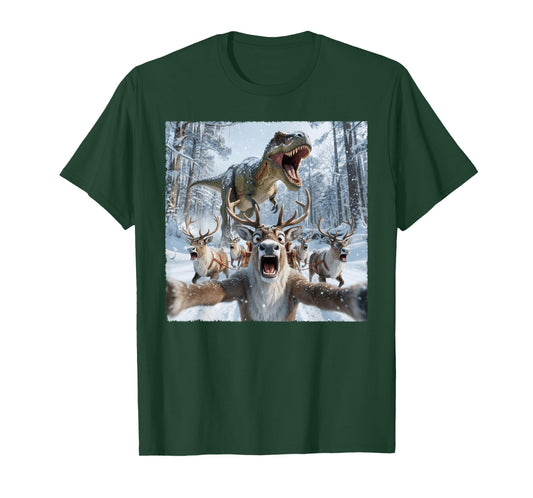 Funny Reindeer Selfie with T-Rex Dinosaur Christmas T-Shirt