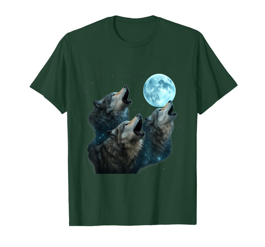 Three Wolves Howling at Cyan Moon Night Mystic Glow T-Shirt