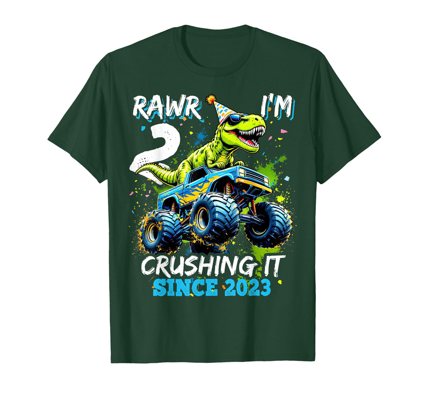 2nd Birthday Monster Truck Dinosaur Party Boys Rawr I'm 2 T-Shirt