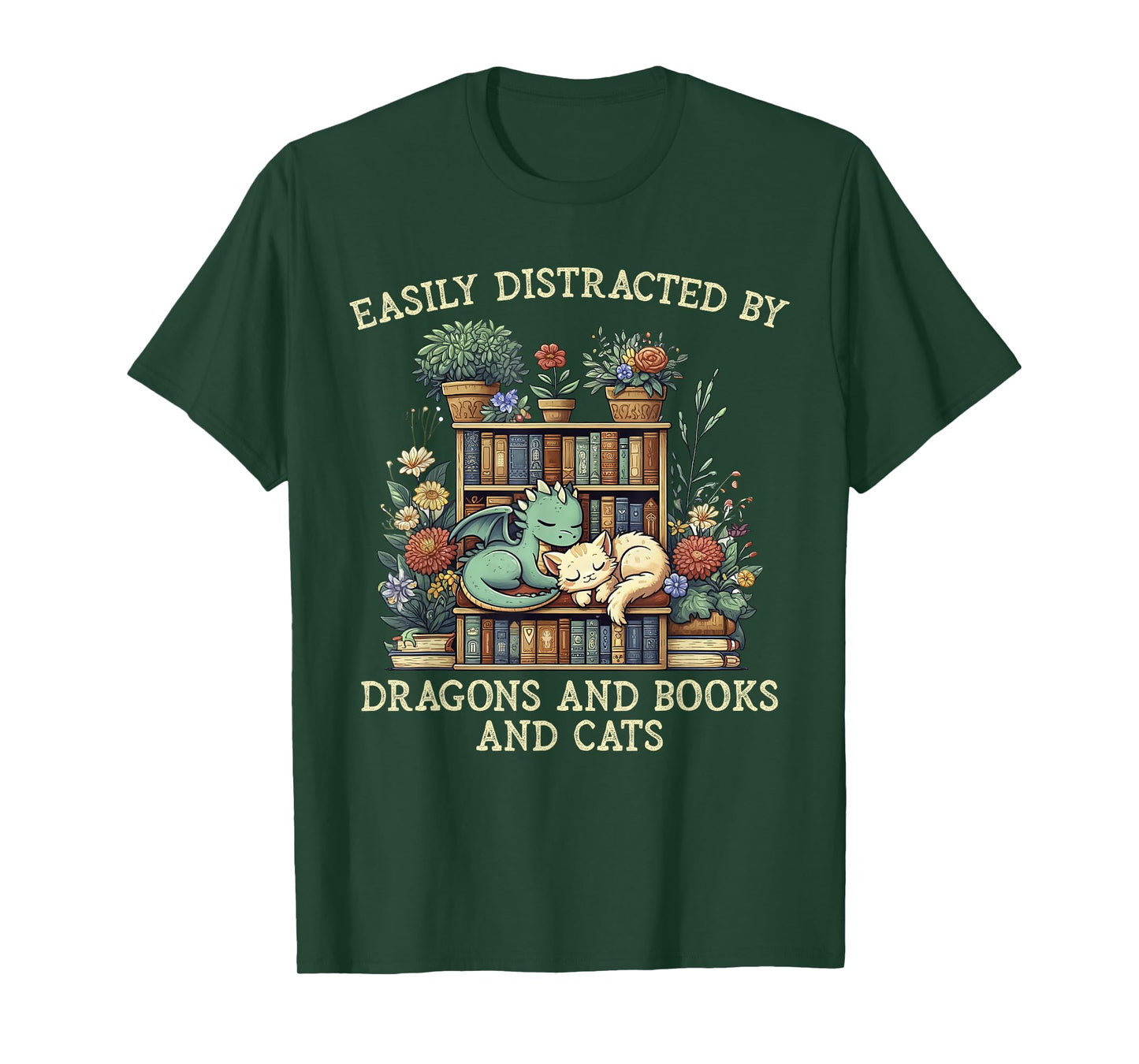 Easily Distracted By Dragons Books Cats Fantasy Book Lover T-Shirt