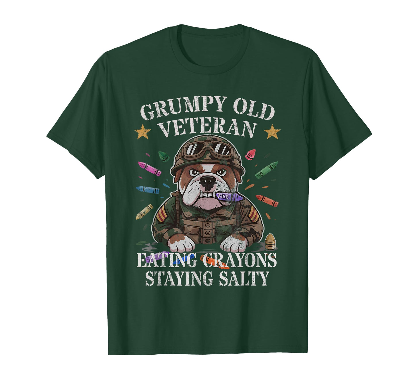 Bulldog Grumpy Old Veteran EAT Crayons Staying Salty Soldier T-Shirt