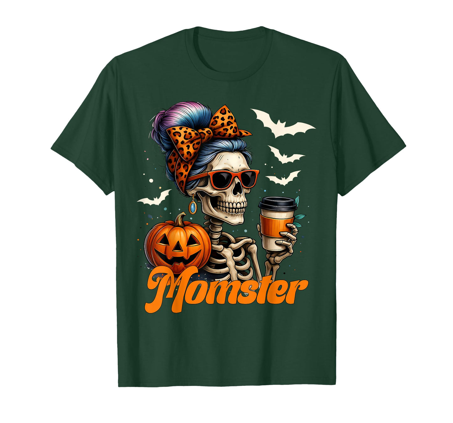 Momster Skeleton Coffee Funny Halloween Mom Messy Bun T-Shirt