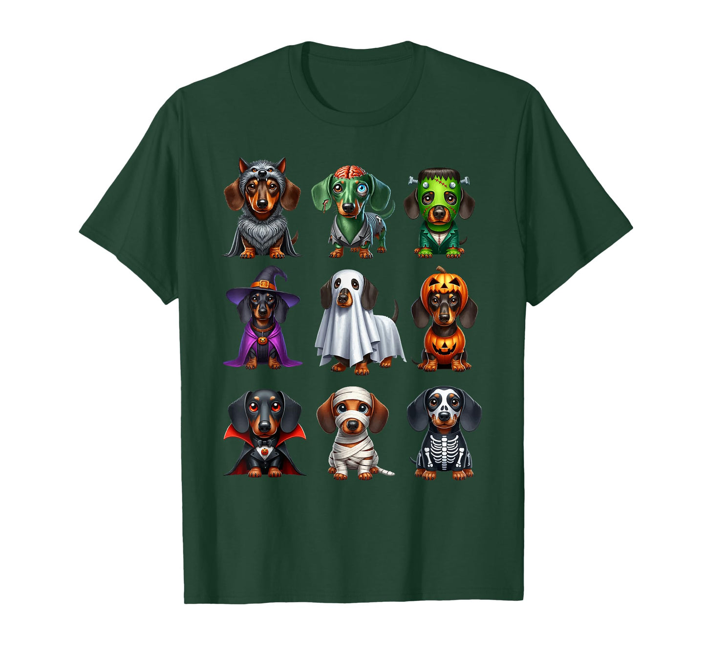 Dachshund Dogs Witch Zombie Mummy Skeleton Pumpkin Halloween T-Shirt