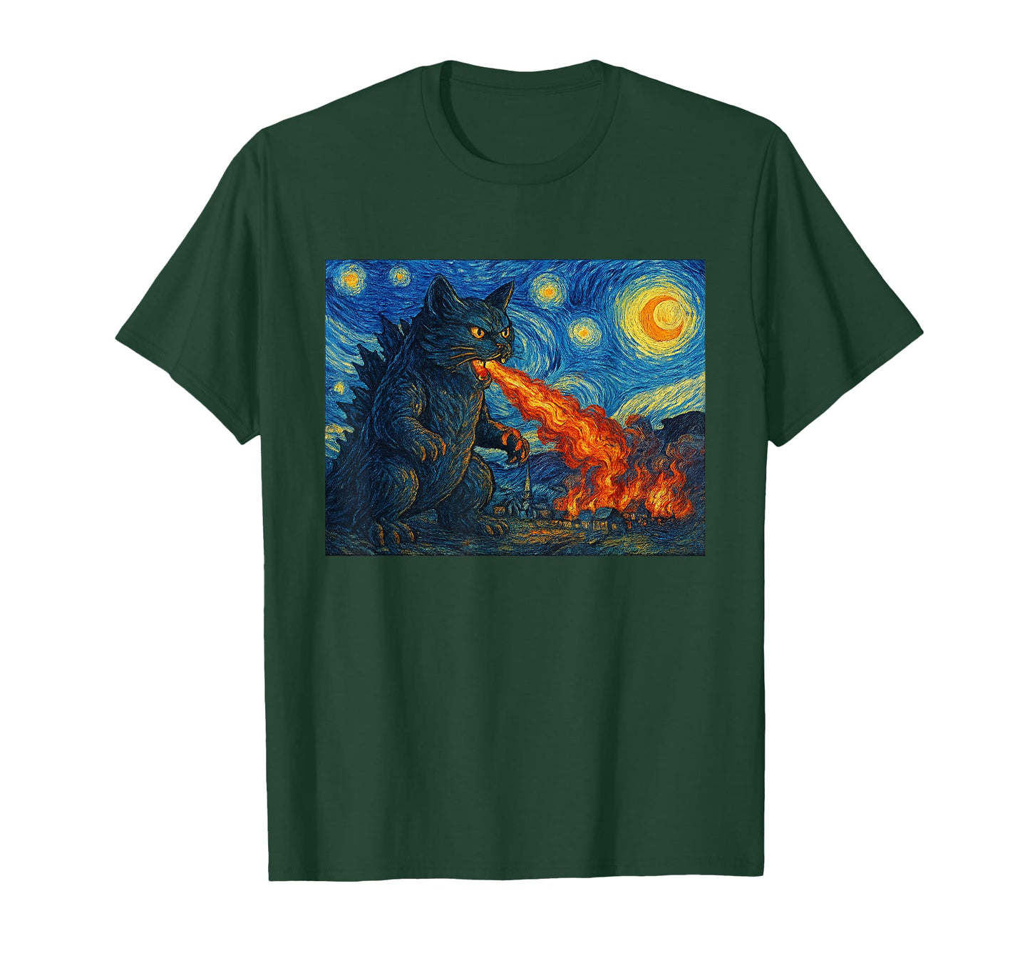 Starry Night Catzilla Monster Cat Van Gogh Style Cat Lover T-Shirt