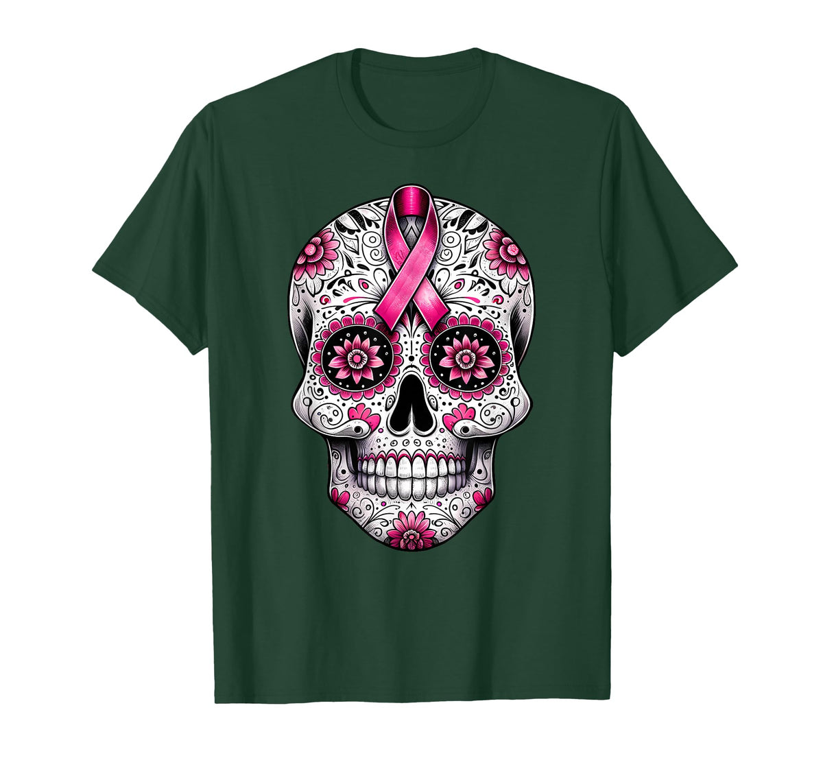 Pink Ribbon Sugar Skull Calavera Breast Cancer Awareness T-Shirt