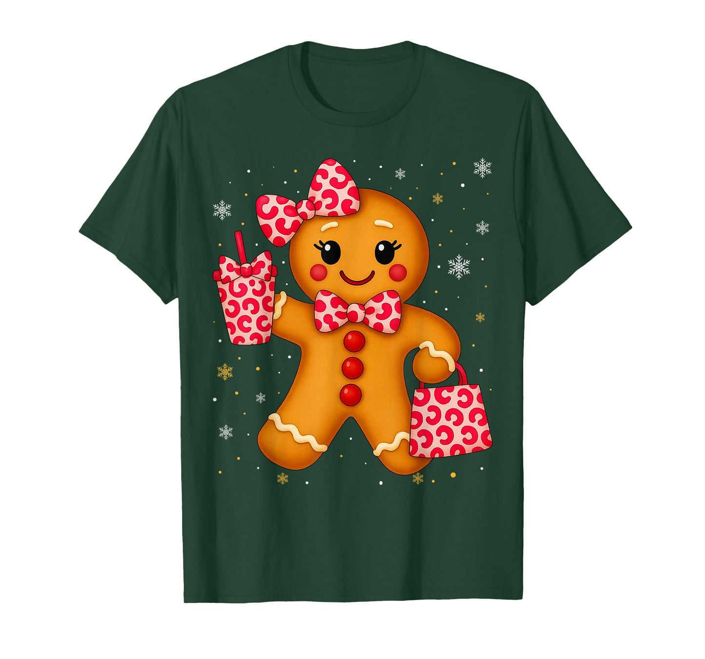 Cute Gingerbread Leopard Bow Christmas Xmas Girl Women T-Shirt