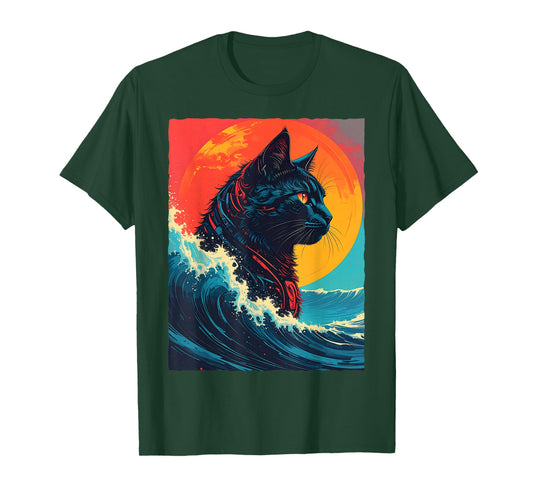 Great Kanagawa Wave Black Cat Robot Cyborg Sci-Fi Retro Sun T-Shirt