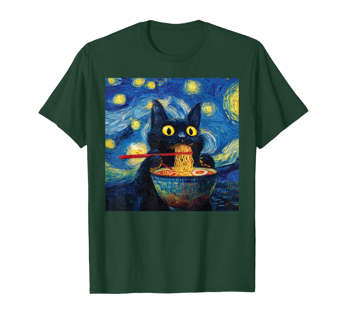 Cat Eating Ramen - Under Starry Nighit Funny Noodle Cat Art T-Shirt