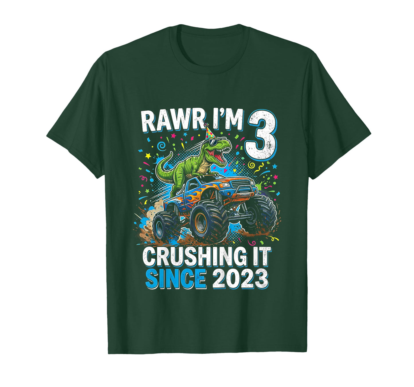 Kids 3rd Birthday Truck Turning 3 Years Old Boy Dinosaur Trex T-Shirt