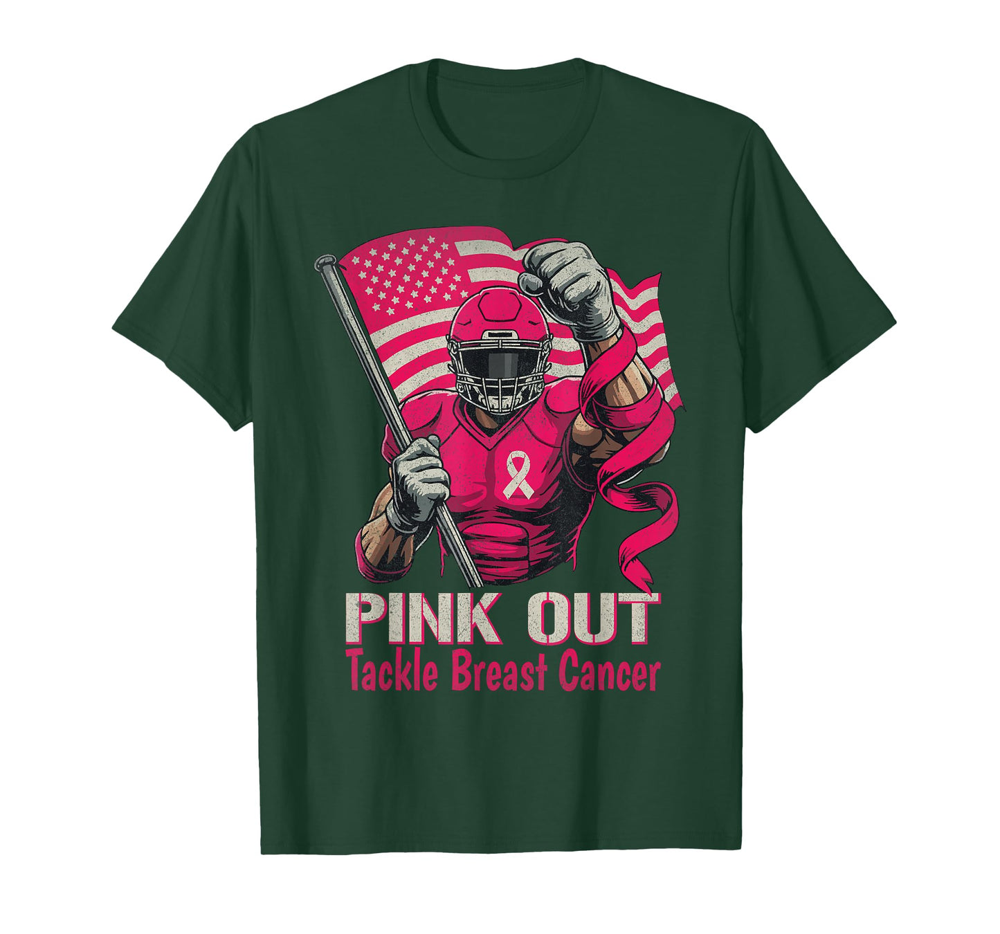 Pink Out Tackle Breast Cancer Football American Flag Ribbon T-Shirt
