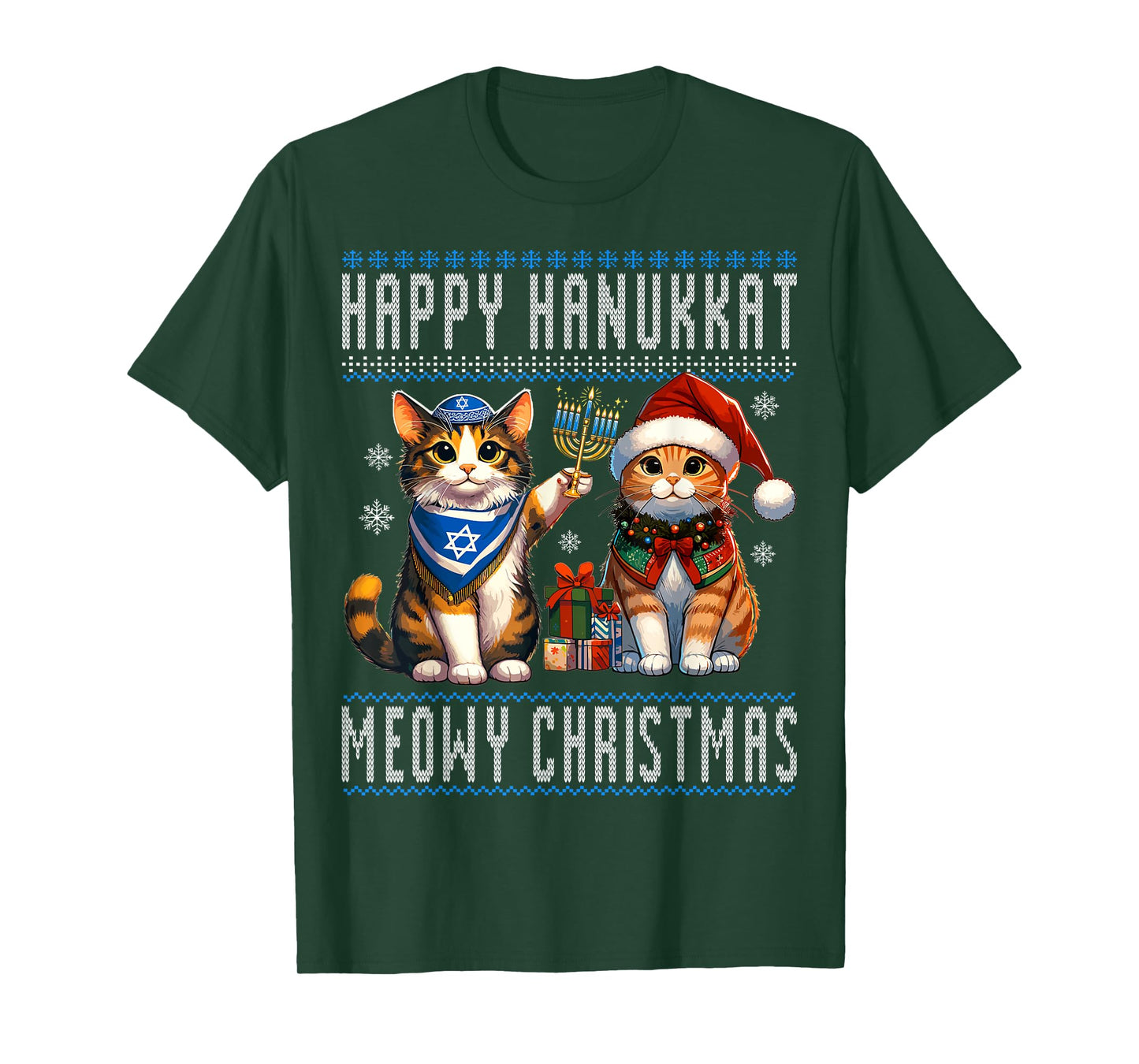 Cat Merry Christmas Happy Hanukkah Jewish Christian Men Women Kids T-Shirt