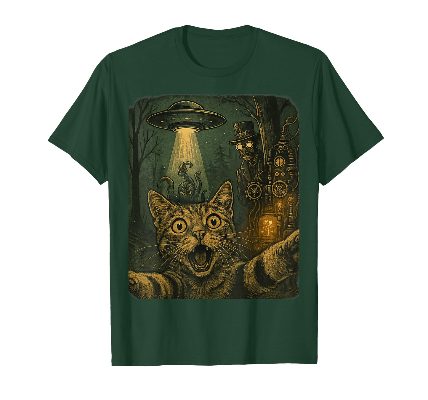 Cat Selfie UFO Steampunk Time Traveler Retro SciFi Victorian T-Shirt