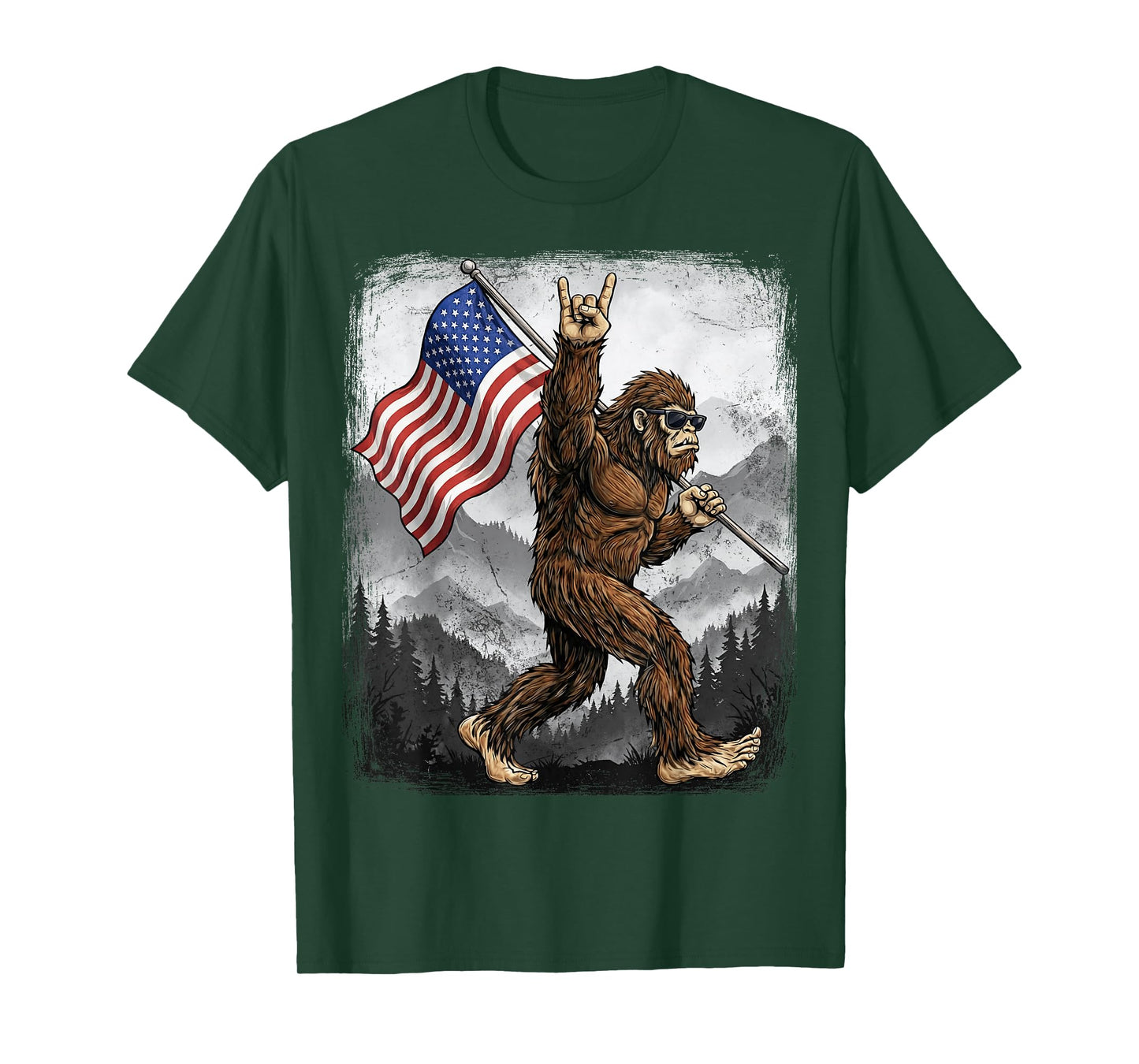 Bigfoot Rock On Hand Sign American Flag 4th of July USA T-Shirt