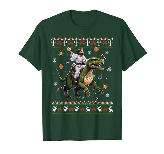 Jesus Riding Dinosaur Funny Meme Ugly Christmas Sweater T-Shirt