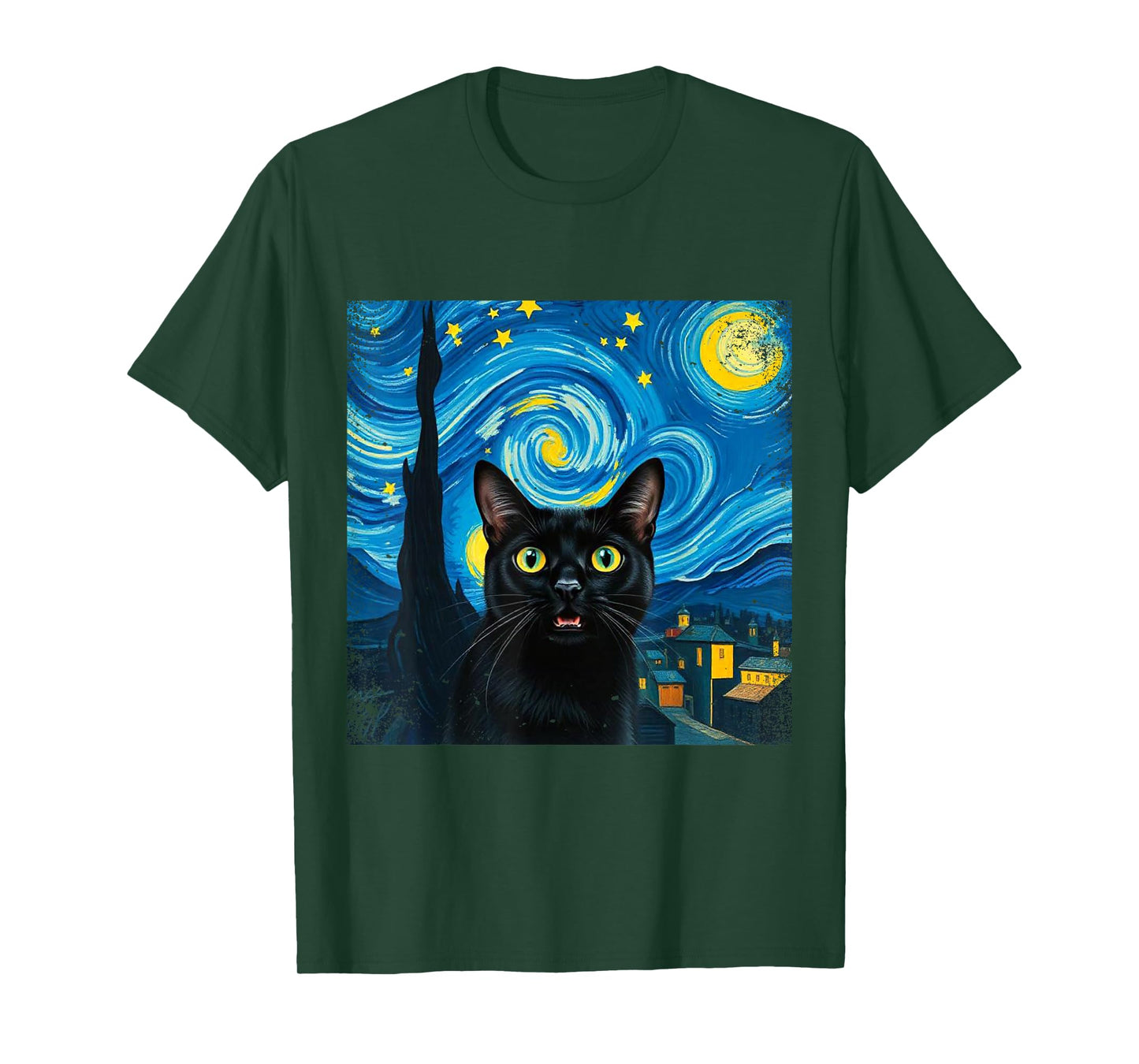 Black Cat Swirling Night Colorful Sky Starry Art Van Gogh T-Shirt