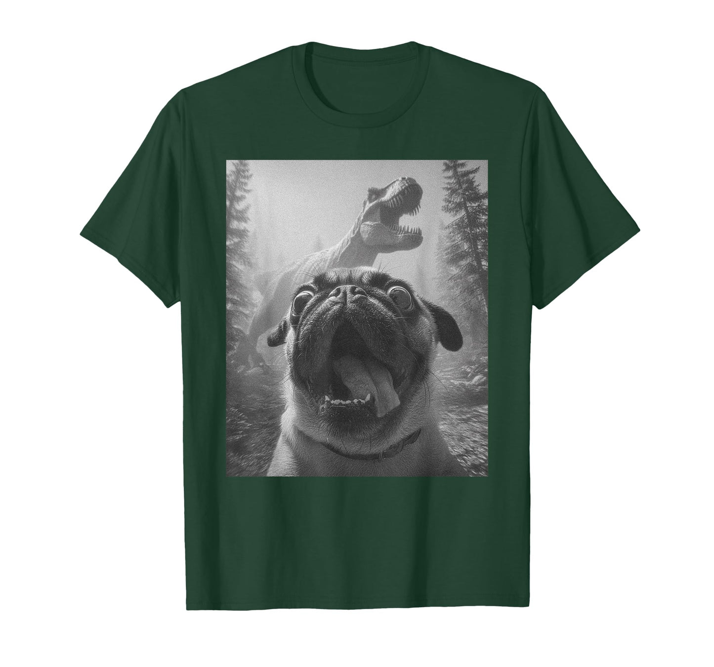 Funny Scared Pug Selfie with T-Rex Dinosaur Bootleg Graphic T-Shirt